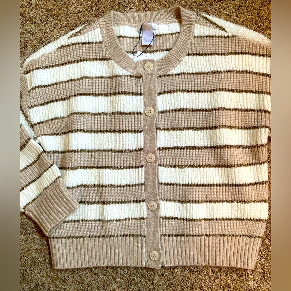 Striped cardigan - White, Tan with clear sequins!